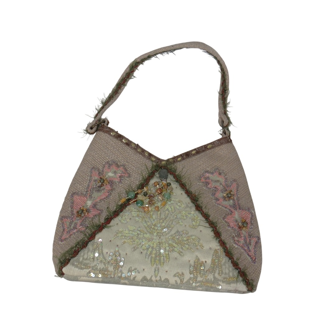Mary Frances Beaded Sequin Shoulder Bag Beige Gold Floral Tassel Boho 3649